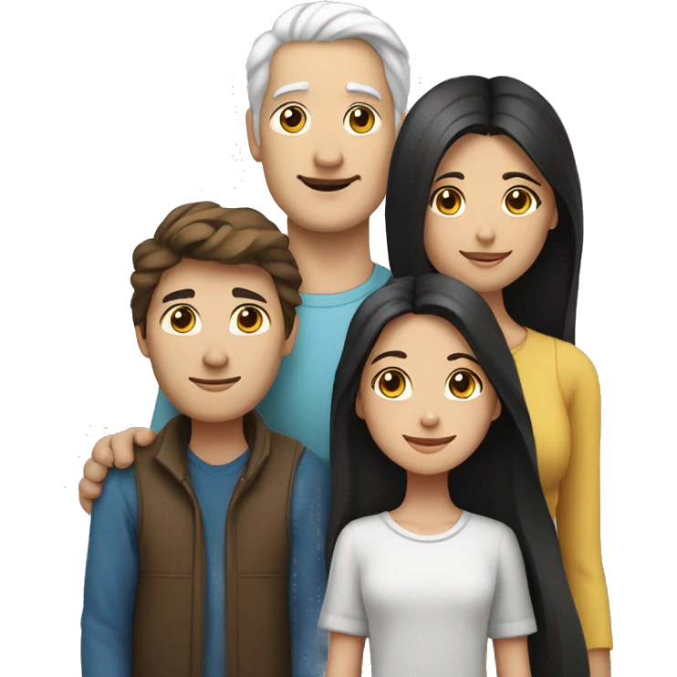  a woman with long brown hair, a man with white hair and a round face, and a young girl with long black hair standing between them, representing a family unit emoji