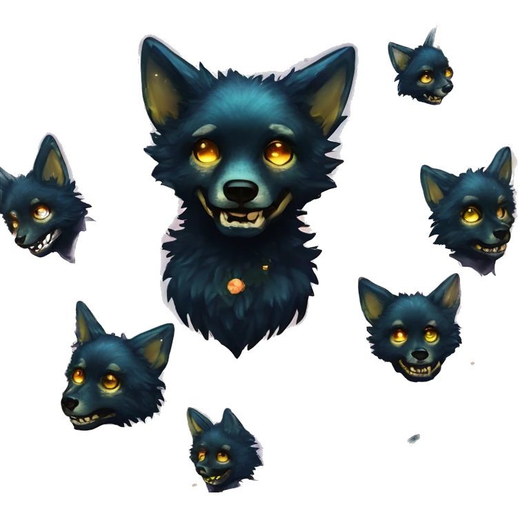 Black iridescent fluffy dog fox head zombie skull skeleton gold mechanical nebula galaxy stars colorful flowers fairy lights vintage emoji