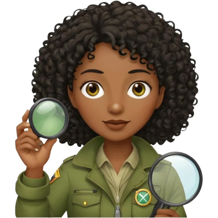 dark skin curly black haired middle-aged woman in moss green explorer outfit, holding magnifying glass emoji