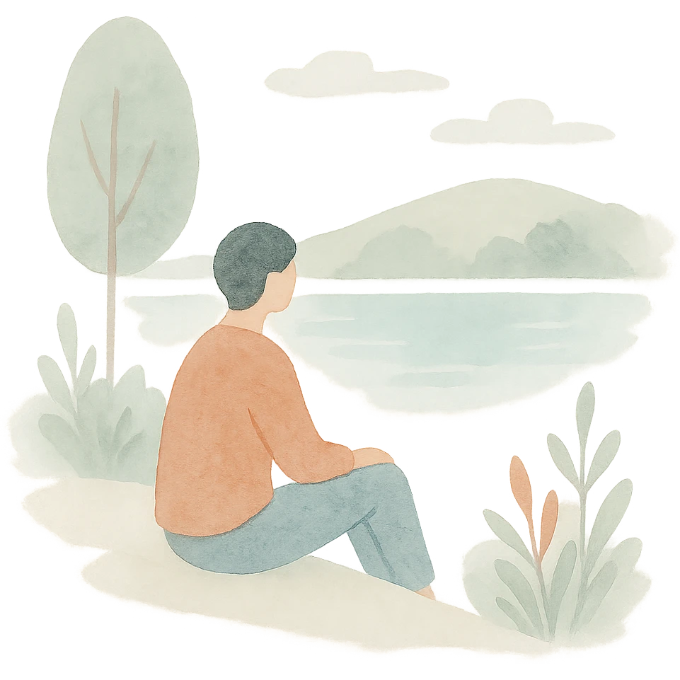 A tranquil self-care setting with a person sitting by a lake, surrounded by nature emoji