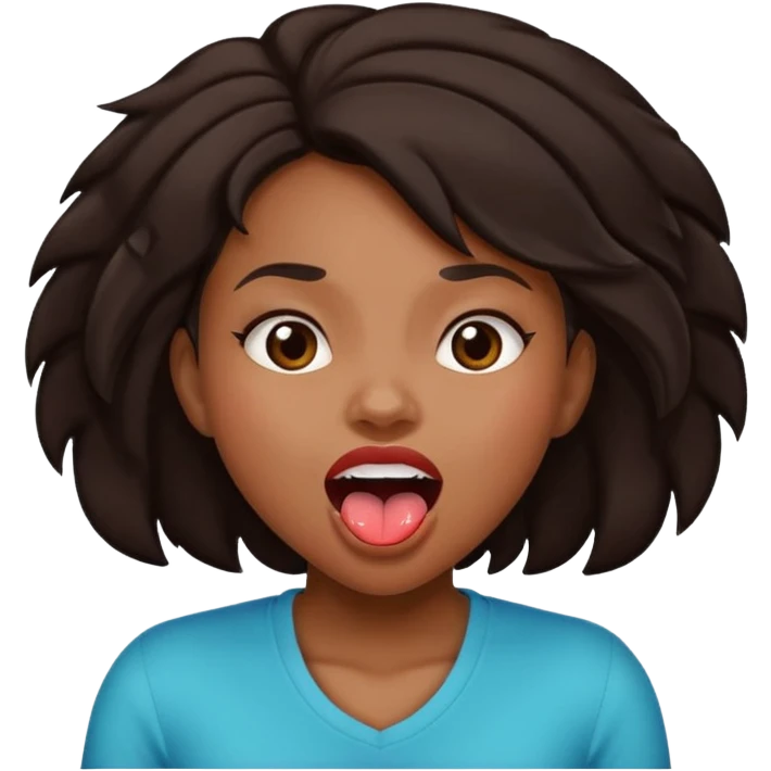 Black Girl with dark brown hair with mouth open and tongue out shaking her head emoji