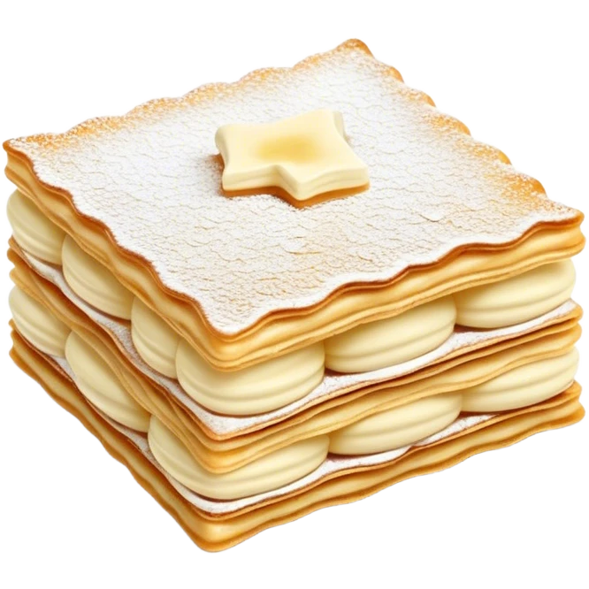 Cinematic delicate mille-feuille, thin crispy pastry layers filled with smooth vanilla cream, dusted with powdered sugar, elegant presentation, highly detailed and sophisticated. emoji