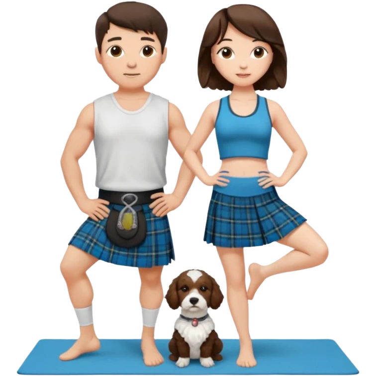 emoji of brunette man wearing kilt, brunette woman in yoga outfit and white cockapoo emoji