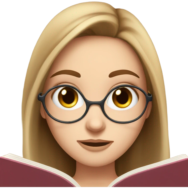 White girl, long brown hair, facial piercings, reading book, blue eyes emoji