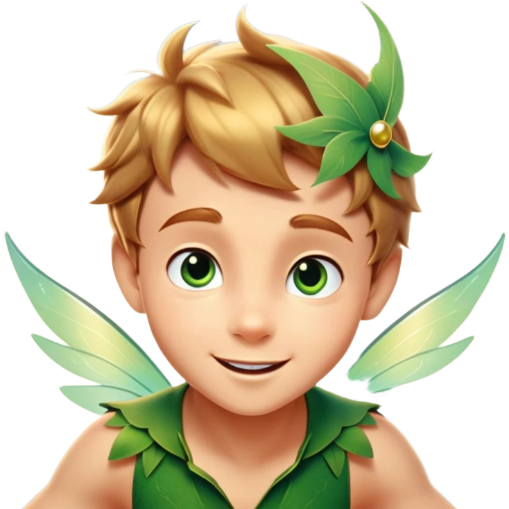 cinematic-realistic-peter-pan-portrait, head tilted dramatically with an exaggeratedly amused expression and sparkling eyes brimming with playful mischief, his iconic outfit rendered in vivid detail with dynamic shadows, soaring through the air flying next to a glowing Tinker Bell, whose delicate wings leave a trail of shimmering pixie dust across a whimsical sky. emoji