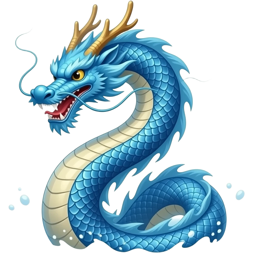 A blue Chinese serpentine dragon emerges from the sea and hovers above the surface. emoji