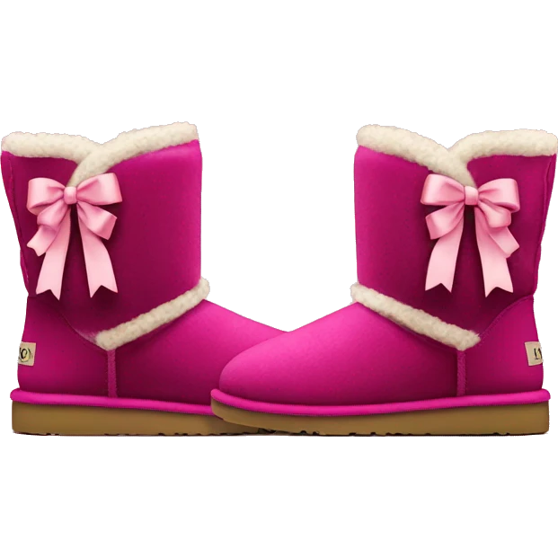 Realistic pair of raspberry color Ugg fur boots laced up with ribbon bows. emoji