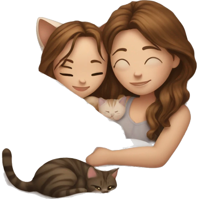 Pale girl with long brown hair cuddle with tabby cat in bed emoji