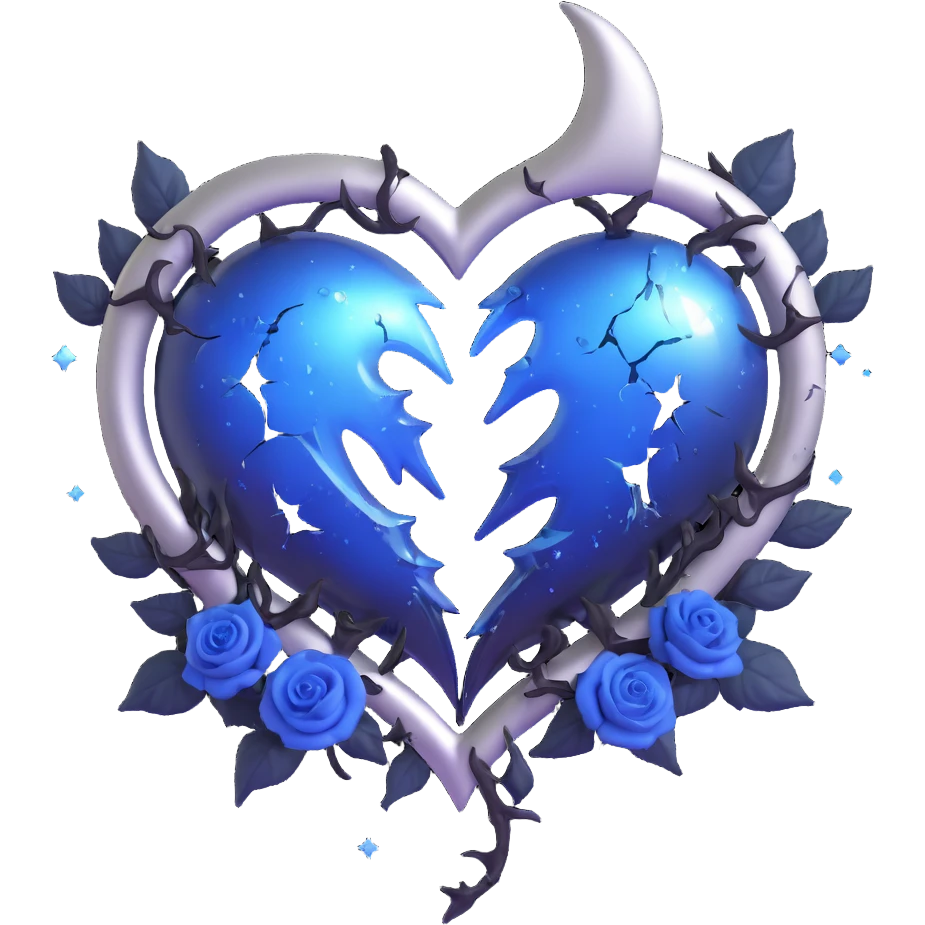gothic heart split in two 3D emoji, midnight blue glass, silver crescent moon, black roses, stardust, lightning, rain, shattered glass, fantasy style emoji