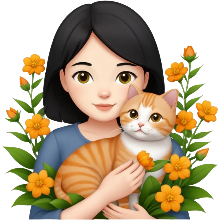 A black-haired girl happily holds a Ginger British Shorthair Cat in the flowers emoji