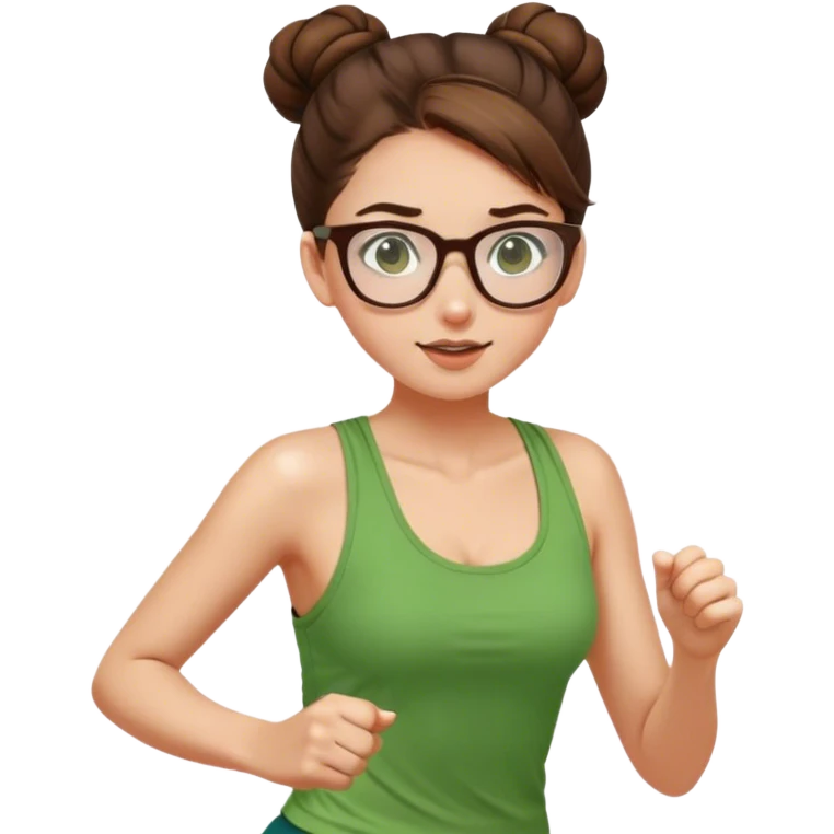 pretty girl white glasses brown hair in a bun green tank top running emoji