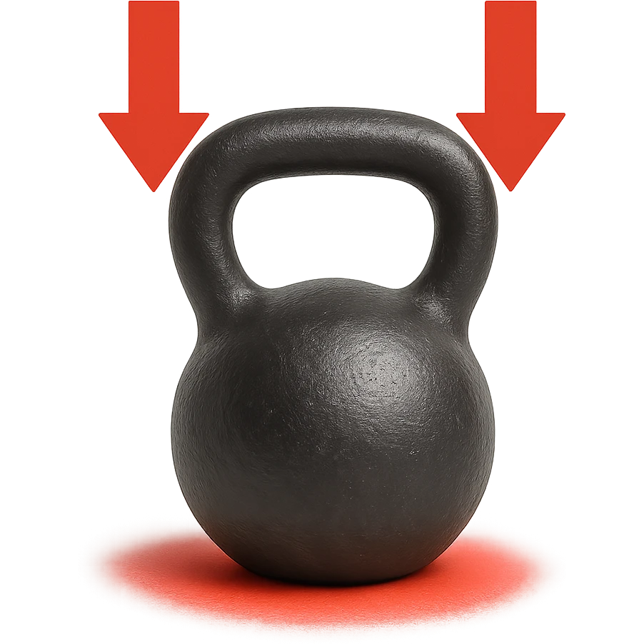 realistic kettlebell with red arrows pointing down and red zone under the weight, isolated on white background emoji