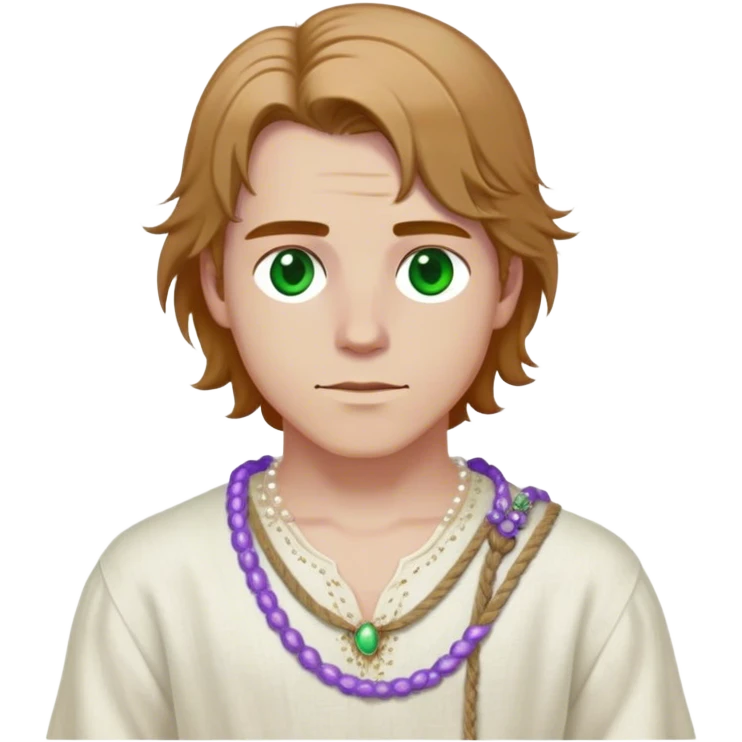 Medieval spring outfit worn by a DnD themed fantasy male character. Pearl white linen tunic with lavender thread detailing at the yoke, secured with a hand-twisted hemp rope belt. Clothes only above the waist, full waist coverage. The character has no arms. Character is white-skinned with caramel brown hair, violet-flecked green eyes, and shoulder-length hair with loose waves. emoji