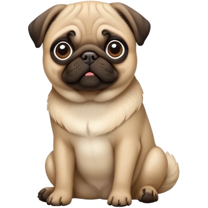 detailed-[pug]-realistic-full-body-sitting-emoji,-tail-resting-loosely-beside-its-paws,-head-tilted-dramatically, -sleek-[fawn]-fur,-simplified-yet-realistic-focused-features,-highly-detailed,-glowing-with-an-almost-sarcastic-glow emoji
