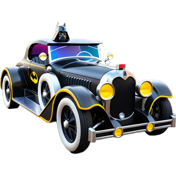 Mad max luxurious survival apocalypse ghostly sporty antique electric Darth Vader’s Batman-armored 1926 black graphite colored enclosed twin seat town coupe Batmobile with horizontal holographic 3d stars painted on the body sides and neon underglow  emoji