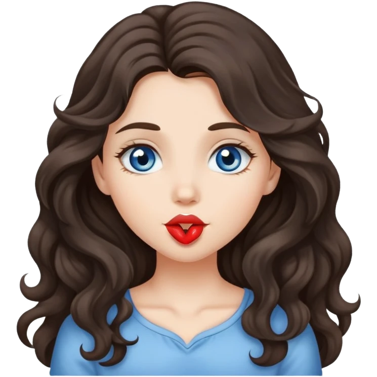 A girl with long, dark brown, wavy hair, grey-blue eyes, Sends a kiss emoji