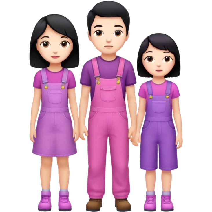 A short boy with black hair in pink overalls standing next to a really tall girl in a purple dress emoji