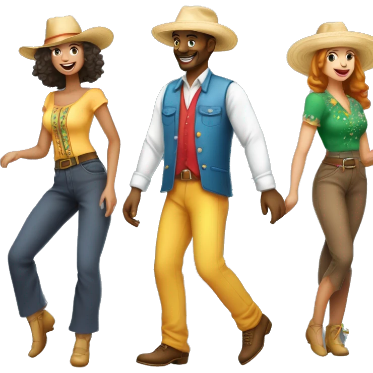 casal dançando usando chapéu de palha e roupas coloridas em festa country emoji