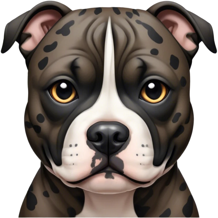 Cinematic Noble Black/Brindle Staffordshire Bull Terrier Portrait Emoji, Poised and regal, with a compact, muscular build and a sleek, well-groomed Fur featuring a striking mix of black and brindle patterns, deep-set soulful dark eyes, Simplified yet sharp and sophisticated features, highly detailed, glowing with a soft, dignified glow, high shine, intelligent and loyal, stylized with an air of strength, focused and attentive, soft glowing outline, capturing the essence of a watchful and confident guardian, so majestic it feels as though it could stride out of the screen with effortless authority! emoji