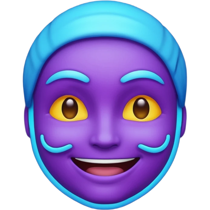 glowing face emoji, smiling, purple and blue neon color, dark background emoji