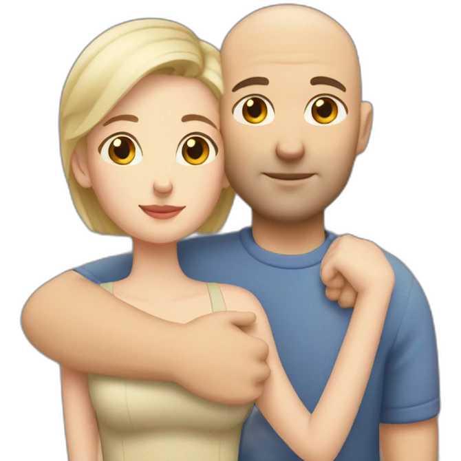 Bald Caucasian man and Caucasian woman with short dark hair intimate hug emoji