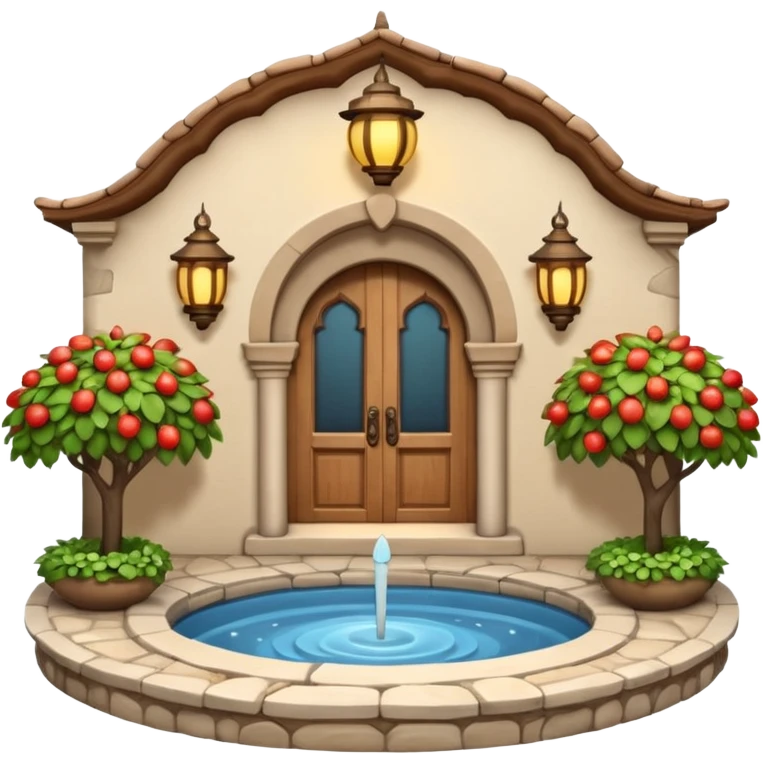 3D Apple-style emoji of a full traditional Turkish han. Rounded stone building with arched wooden doors and windows, small courtyard, fountain, arches, and hanging lanterns. Glossy, smooth, soft shadows, clean white background.






 emoji