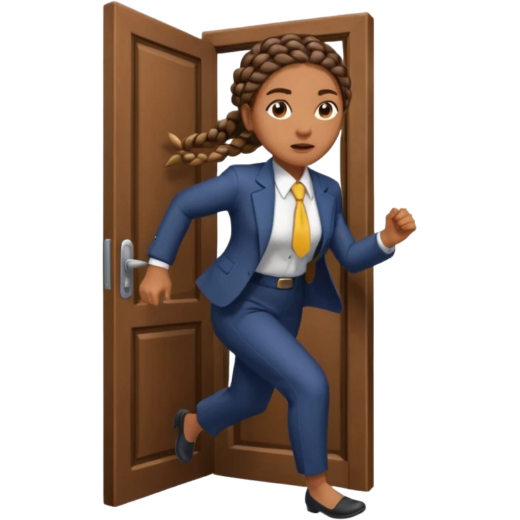 brown skinned female with braids in business attire running out of door emoji