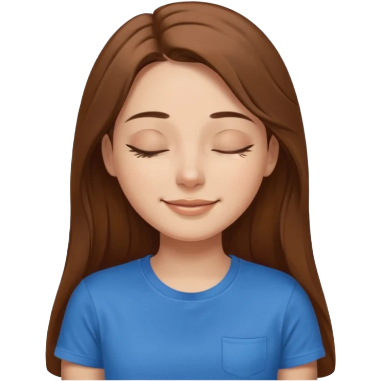 female face smiling with closed eyes with long brown hair and brown eyes in a blue t-shirt emoji