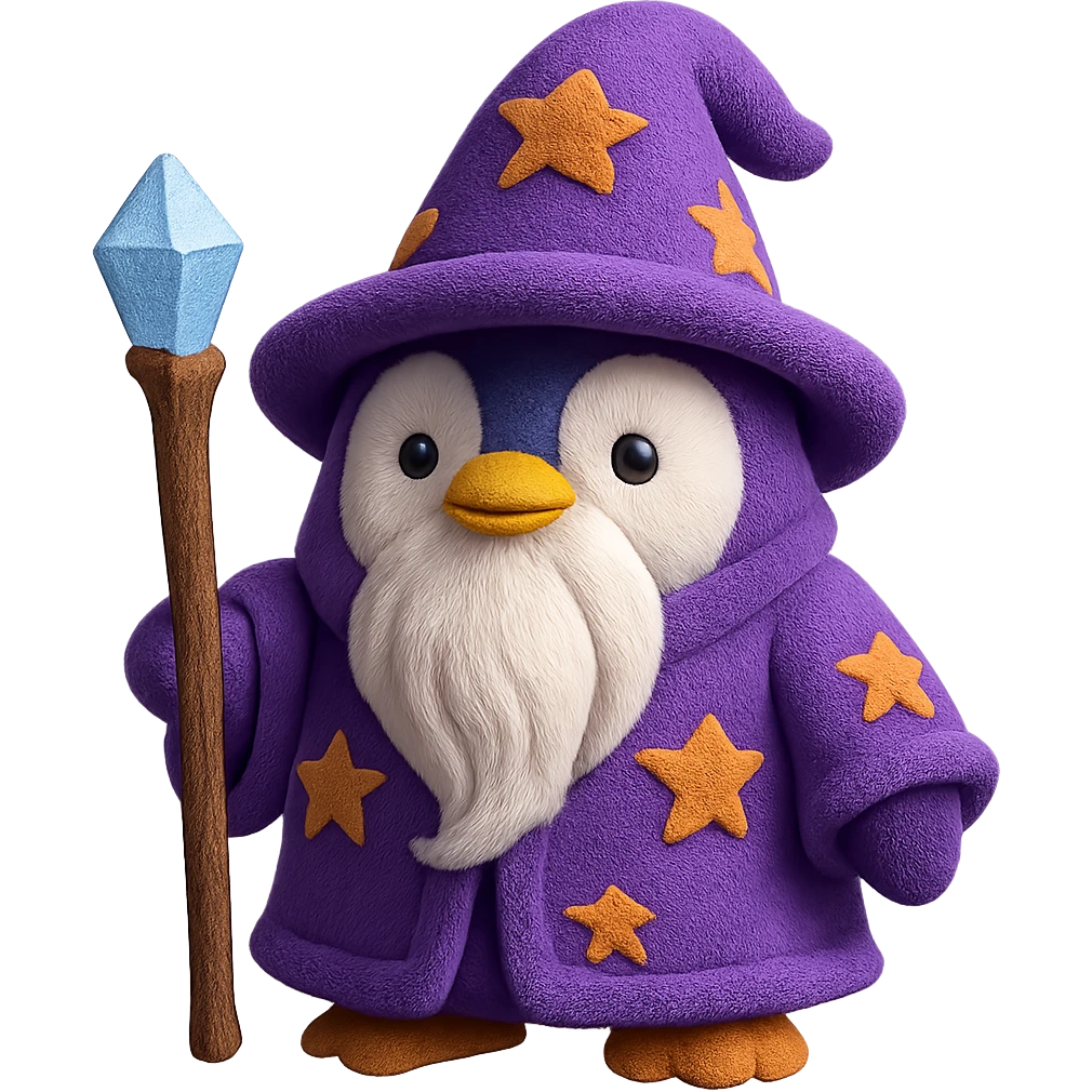 A wise old penguin wizard with a long white beard, purple robe with stars, and a crystal-tipped staff. The plush penguin has a gentle, wise expression. emoji