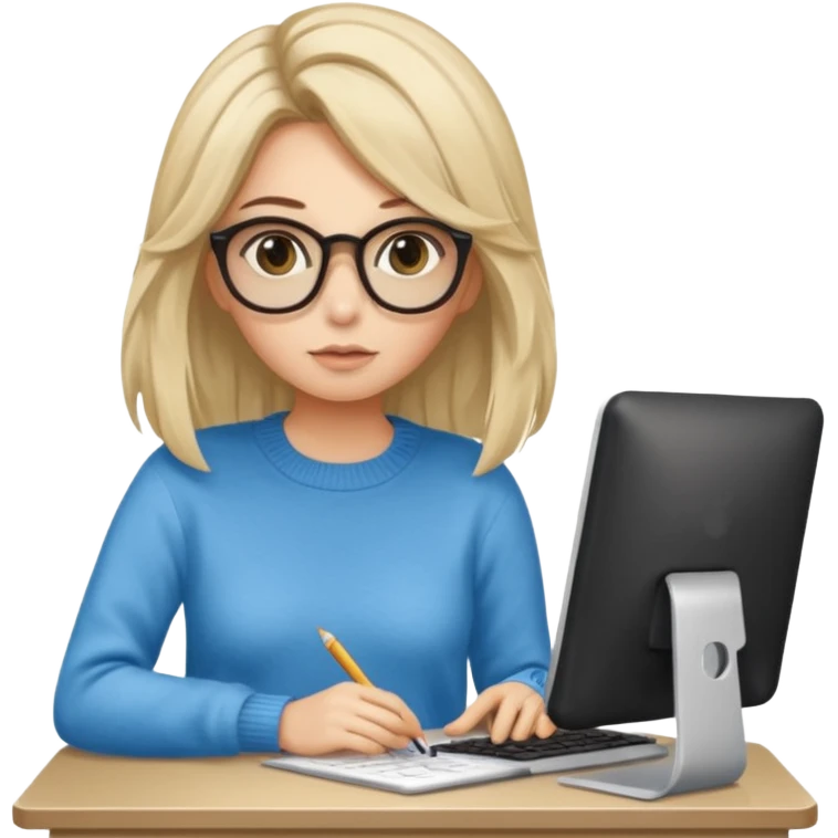 ragazza bionda con capelli lunghi, con occhiali tartarugati, occhi azzurri, con maglione beige, seduti alla scrivania che lavora al pc emoji