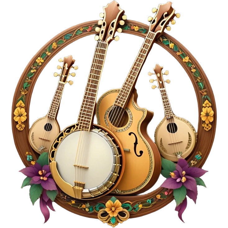 Create an intricate, festive, and emblematic emoji symbolizing plucked string instruments. The design should resemble a regal crest, featuring instruments like a banjo, mandolin, domra, sitar, and other plucked strings, arranged symmetrically in an ornate composition. Their necks and strings should elegantly intertwine with a flowing ribbon of musical notes, wrapping gracefully around the instruments. The overall shape should be grand and balanced, evoking a sense of tradition and celebration. Use a rich and refined color palette with gold, deep mahogany, and vibrant accents, adding intricate wood textures, decorative inlays, and metallic tuning pegs for a professional, polished look. The background should be transparent, making the emblem stand out as an independent artistic mark emoji