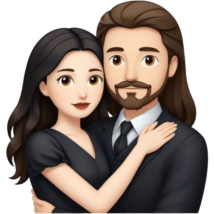 tall white man with brown hair goatee mustache hugging a pale woman with long black hair, wearing elegant clothing emoji