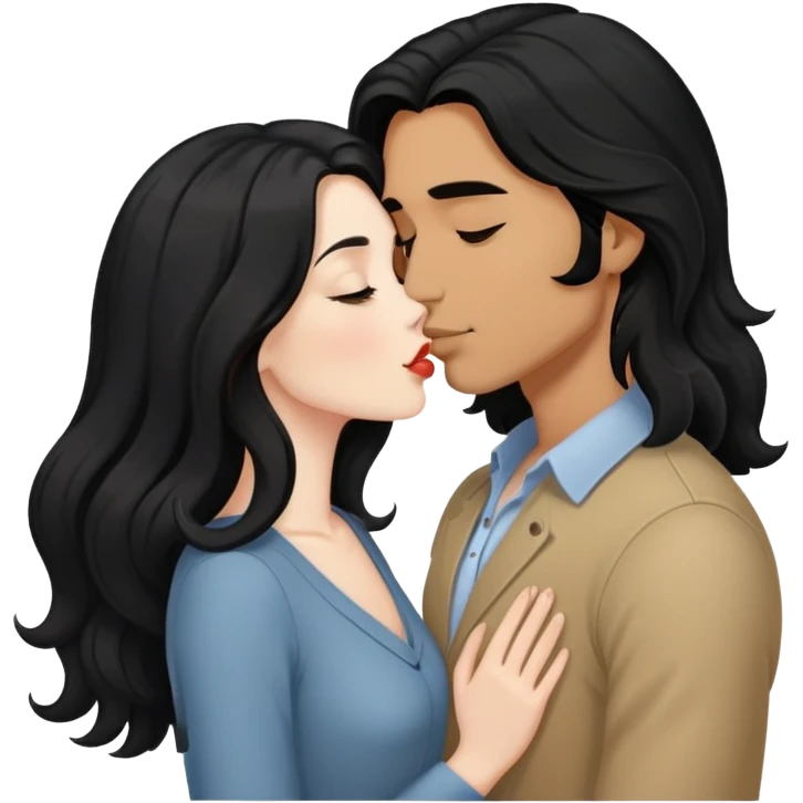 pale beautiful woman with long black hair, kissing a tan man with shoulder length wavy black hair emoji