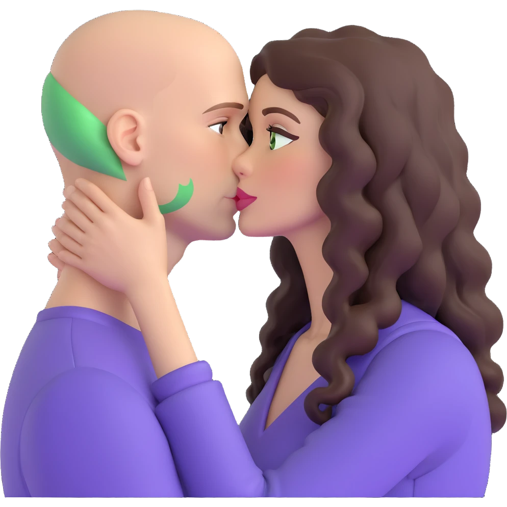 caucasian bald man with green eyes and caucasian woman with long curly dark hair and brown eyes kissing emoji