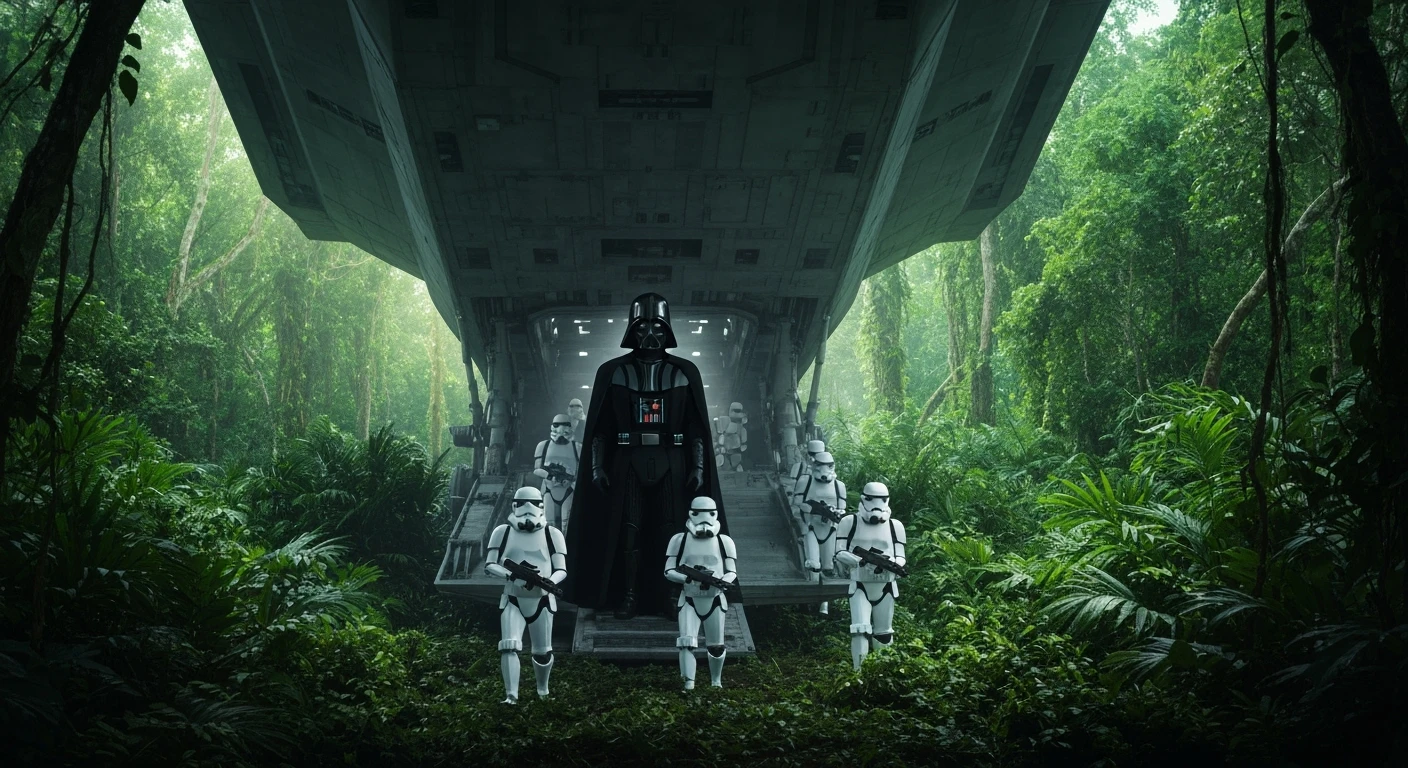 cinematic still, Medium shot, amazon jungle, Darth Vader around stormtroopers coming out from starship on ground, they are exploring the jungle, inspired by StarWars movie, captured by arri alexa emoji