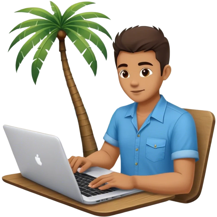 A digital nomad in bali working on a laptop wearing a tropical blue shirt with a palm tree on the side emoji