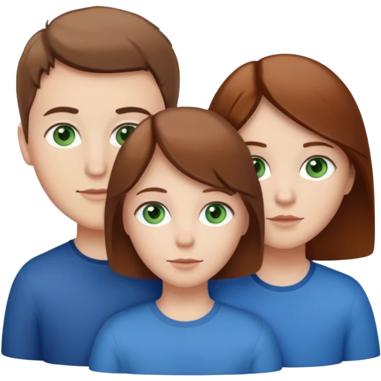3 white siblings. Sibling 1 - Oldest sibling, white female, with brown hair and green eyes. Sibling 2 - Middle sibling, white male, with brown hair and brown eyes. Sibling 3 - Youngest sibling, white female, with brown hair and Blue eyes. emoji
