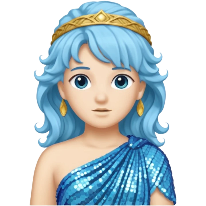 Athena from Roman Deities with long light blue wavy hair, light blue sequin toga emoji