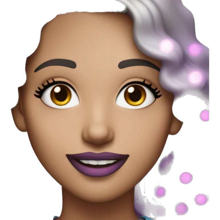 An adult white-skinned woman, with makeup, smiling, pink and purple sparkles of glitter on her face, blue eyes, wavy ombre hair, ring earrings, black T-shirt. emoji