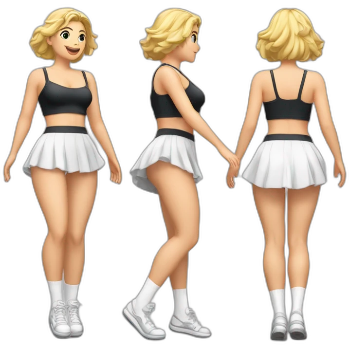 full-body-caucasian-curvy-beauty-jumping-short-black-skirt-back-and-front-views-strong-wind-white knickers-long-white-socks emoji