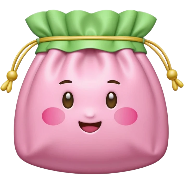 A Korean fortune pouch (bokjumeoni) in iPhone emoji style, pastel pink and light green colors, soft 3D glossy texture, centered, no outlines, transparent background. no face emoji