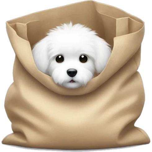 small white fluffy puppy in a big bag emoji