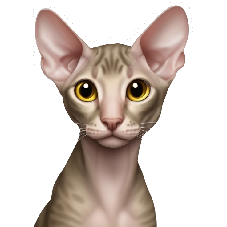 “Realistická Peterbald mačka s nahou kožou, veľké uši, sfarbenie v siamskom štýle (svetlé telo s čiernymi končekmi labiek, nos , uší a chvosta), svetlo modré oči, detailný a emocionálny vzhľad.”  emoji