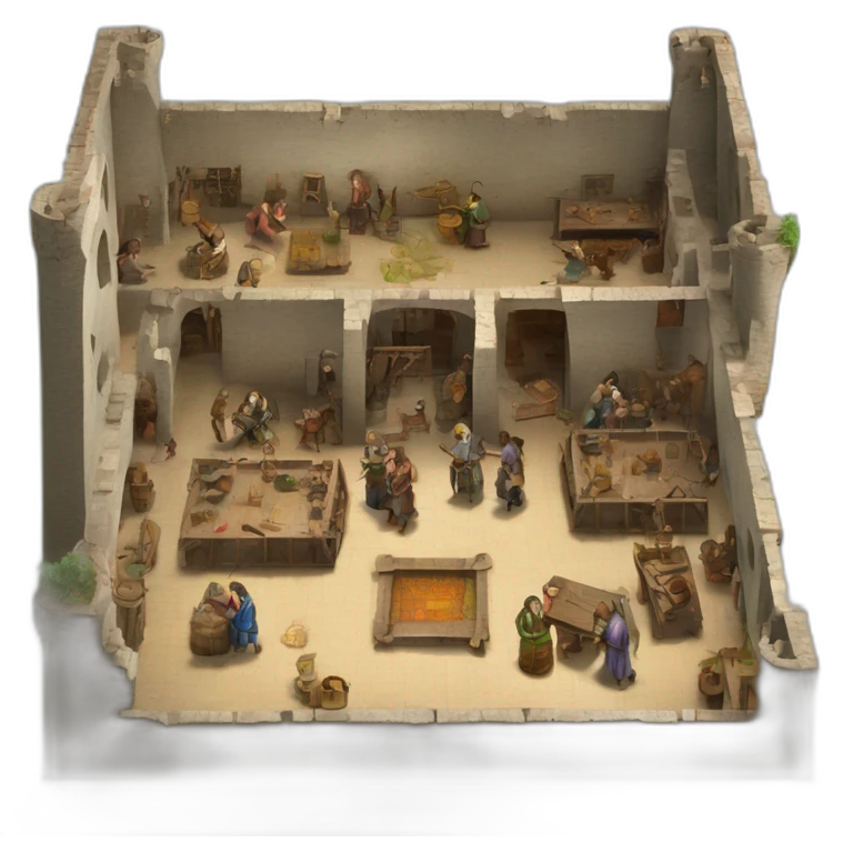 open floor plan of a medieval mint showing different people working emoji