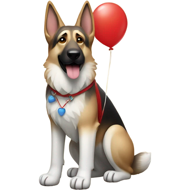 white and brown german shepherd with a red coat and blue shoes on holding a balloon emoji