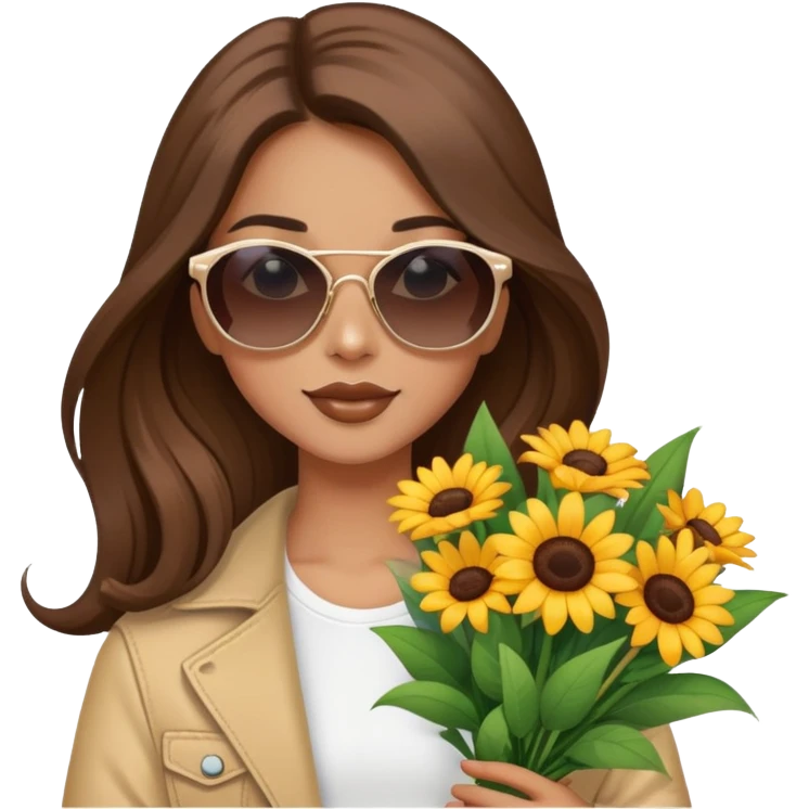 cool girl with long brown hair holding a bouquet of flowers, sunglasses, trendy emoji