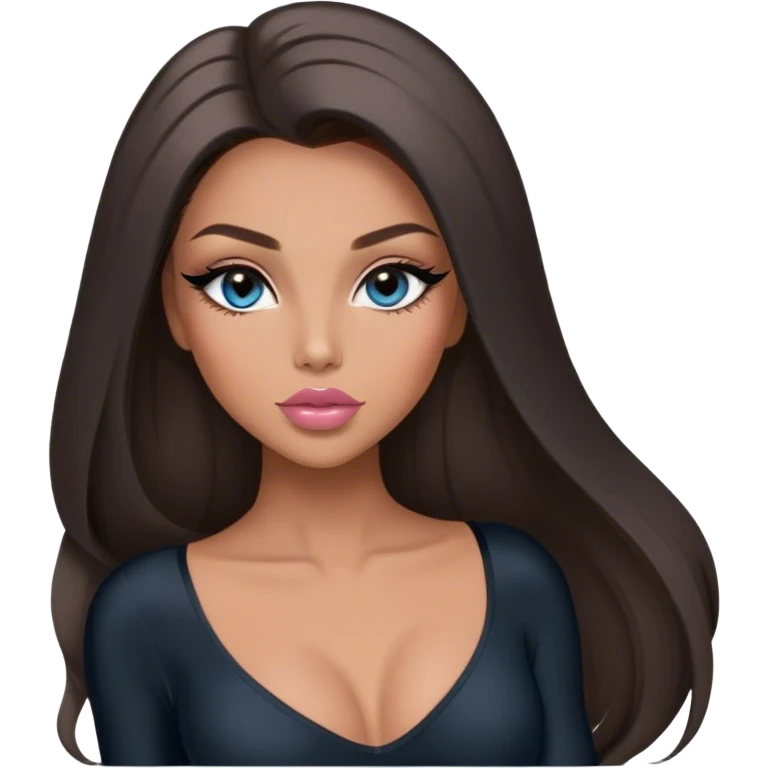 Glamours, tanned, very beautiful girl, with big pump peach-beige-rose lips, long long lashes, black straight smooth silky long hair, straight parting hair, blue-grey eyes in black long-sleeves bodysuit emoji