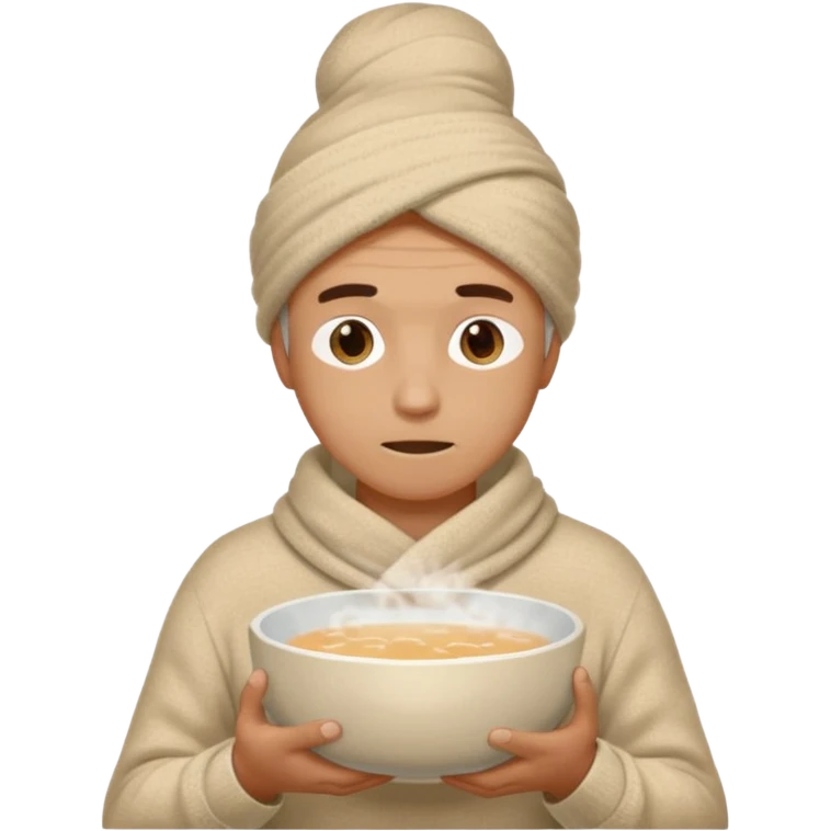 чоловік що дихає парою над мискою в теплій кофті і з полотенцем на голові, яке просто висить, двома руками тримаючи миску emoji