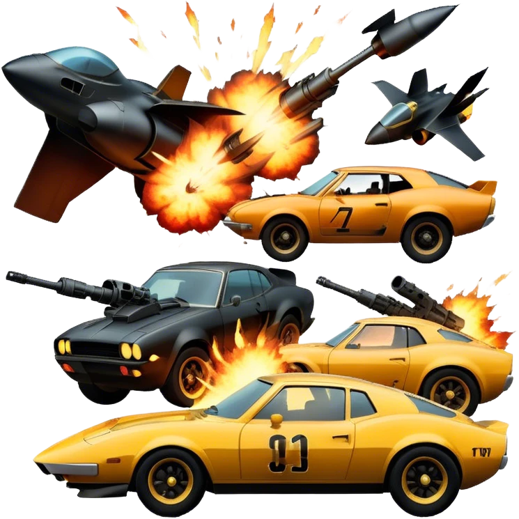 Photorealistic Icon for Action Movies: Close-up Dynamic collage of iconic action movie scenes featuring explosions, fast cars, combat, and weapons. Include silhouettes of famous action heroes, dramatic lighting, and a sense of high-octane energy. Transparent background. emoji