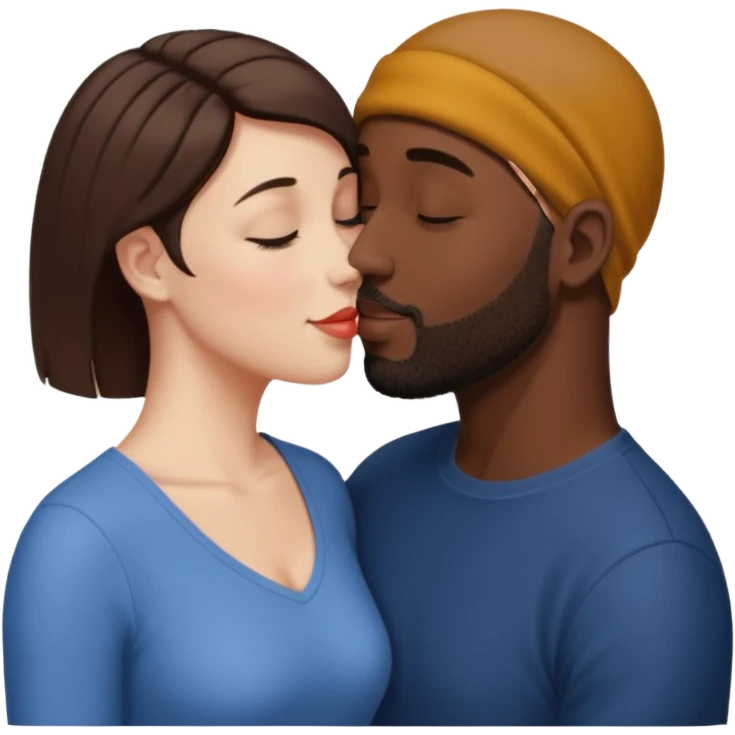 a white woman with short brown hair and a black man with no hair and a beard are facing one each other and the woman is giving a kiss to the man's forehead emoji